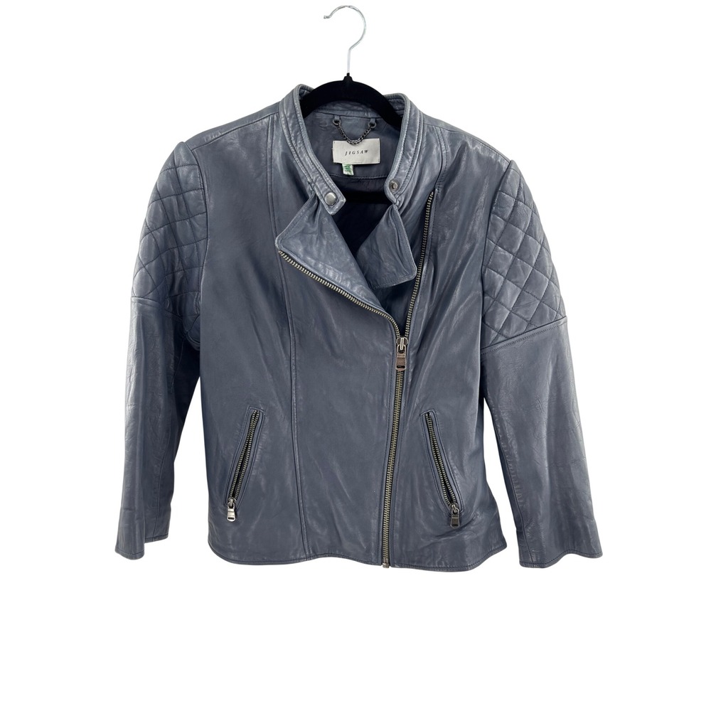 Jigsaw Womens Grey/Blue Leather Quilted Moto Biker Jacket Size UK 12 US 8